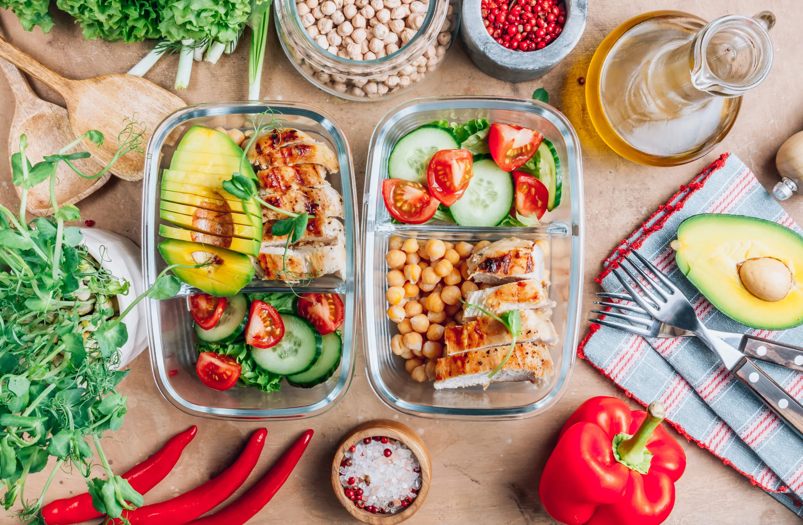 Organized meal prep containers on a kitchen counter