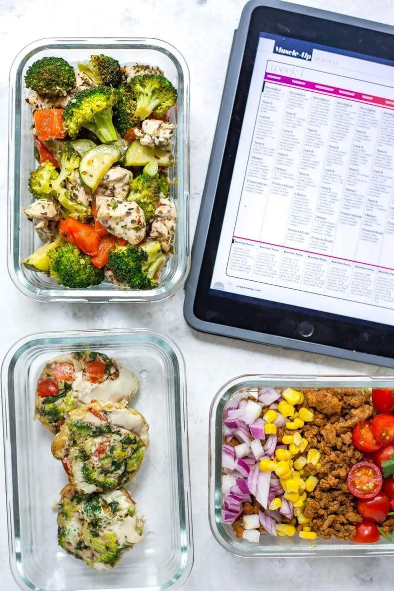 Top-down view of portioned lunch containers